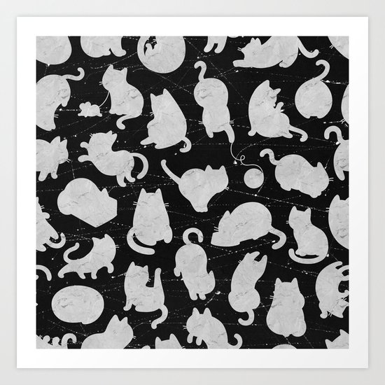 Silver Cats on Black Kitty Pattern Art Print