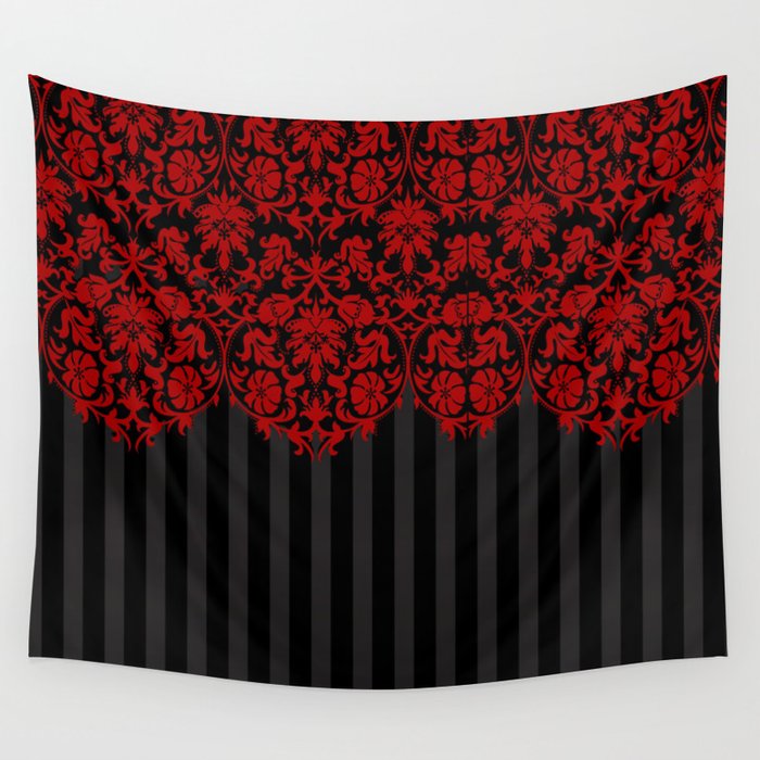 Beautiful Red Damask Lace and Black Stripes Wall Tapestry