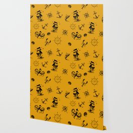 Mustard And Black Silhouettes Of Vintage Nautical Pattern Wallpaper