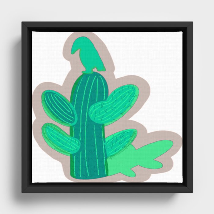 Green Cactus and Raven Framed Canvas