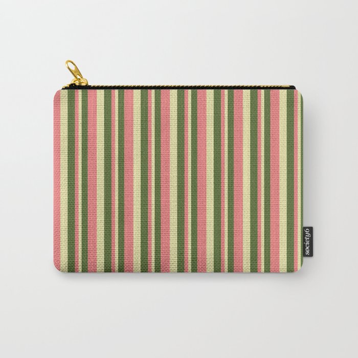Dark Olive Green, Light Coral, and Pale Goldenrod Colored Lined/Striped Pattern Carry-All Pouch