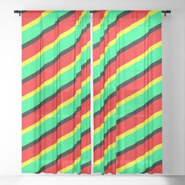[ Thumbnail: Yellow, Green, Black & Red Colored Pattern of Stripes Sheer Curtain ]