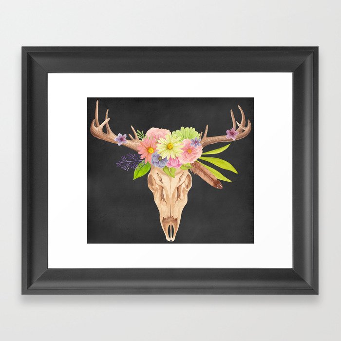 Deer Skull and Flowers Framed Art Print
