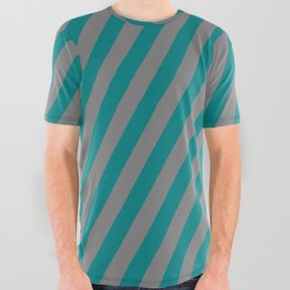 [ Thumbnail: Grey and Teal Colored Lined Pattern All Over Graphic Tee ]