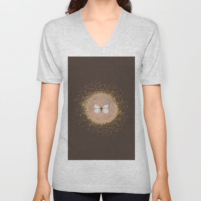 Hand-Drawn Butterfly and Gold Circle Frame on Dark Brown V Neck T Shirt