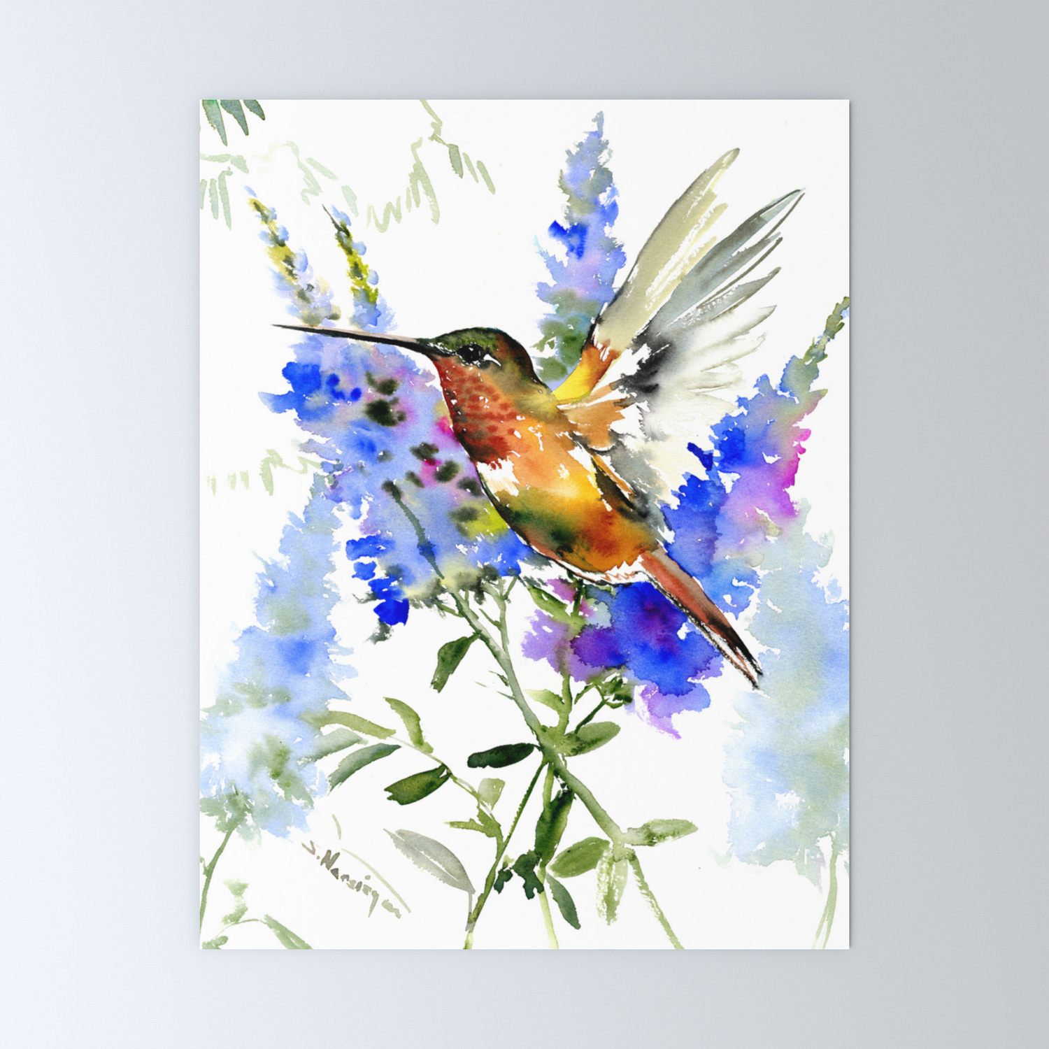 Alen S Hummingbird And Blue Flowers Floral Bird Design Birds