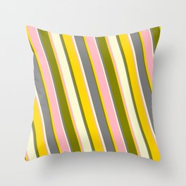 [ Thumbnail: Vibrant Light Pink, Yellow, Green, Gray, and Light Yellow Colored Stripes/Lines Pattern Throw Pillow ]