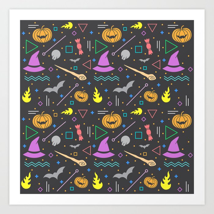 Happy Halloween Pumpkin and Witch Hat Pattern Art Print