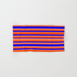 [ Thumbnail: Blue, Coral & Red Colored Striped Pattern Hand & Bath Towel ]