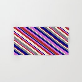 [ Thumbnail: Vibrant Orchid, Red, Beige, Grey, and Blue Colored Lines/Stripes Pattern Hand & Bath Towel ]