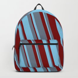 [ Thumbnail: Slate Gray, Sky Blue & Maroon Colored Lined/Striped Pattern Backpack ]