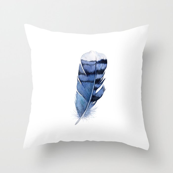 Blue Feather, Blue Jay Feather, Watercolor Feather, Art Watercolor Painting by Suisai Genki Throw Pillow