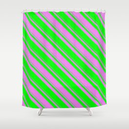 [ Thumbnail: Violet and Lime Colored Stripes Pattern Shower Curtain ]