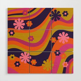 Retro Waves Psychedelic 60s 70s Flower Power Abstract Pattern Lime Blue Magenta Orange Pink Wood Wall Art