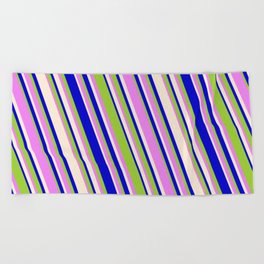 [ Thumbnail: Blue, Green, Violet & Beige Colored Lines Pattern Beach Towel ]