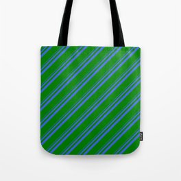 [ Thumbnail: Royal Blue and Green Colored Stripes/Lines Pattern Tote Bag ]