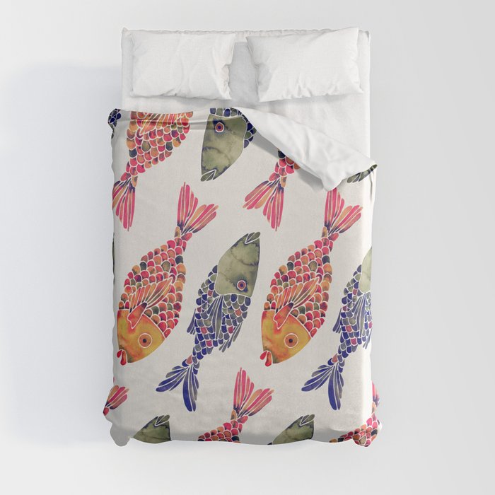 Indonesian Fish Duo – Navy & Coral Palette Duvet Cover