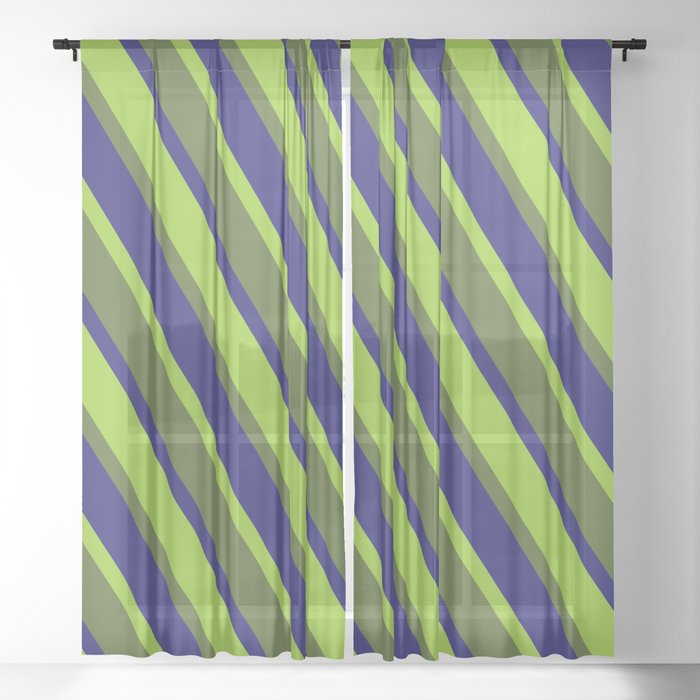 Green, Dark Olive Green, and Midnight Blue Colored Pattern of Stripes Sheer Curtain