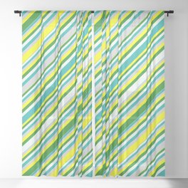 [ Thumbnail: Eyecatching Yellow, Forest Green, Mint Cream, Light Sea Green, and Light Grey Colored Lined Pattern Sheer Curtain ]