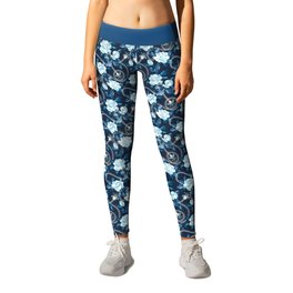 Midnight Sparkles - Gardenias and Fireflies in Sapphire Blue Leggings | White, Firefly, Collage, Fireflies, Cute, Flower, Leaves, Watercolor, Garden, Midnight 