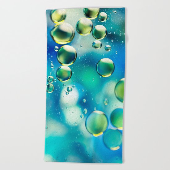 Macro Water Droplets Aquamarine Soft Green Citron Lemon Yellow and Blue jewel tones Beach Towel