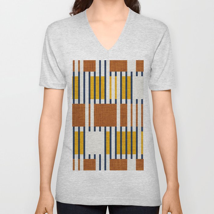 Bold minimalist retro stripes // midnight blue goldenrod yellow and copper brown geometric grid  V Neck T Shirt