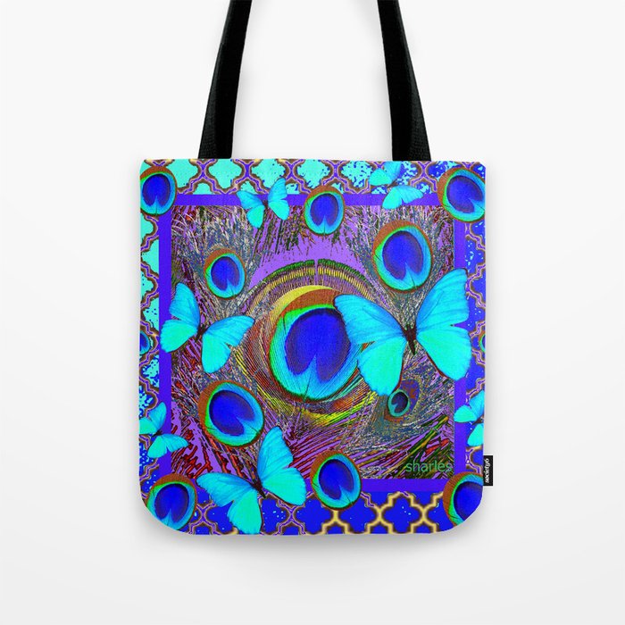 Abstract Blue Butterflies  Peacock Feather Eyes Pattern Art Tote Bag