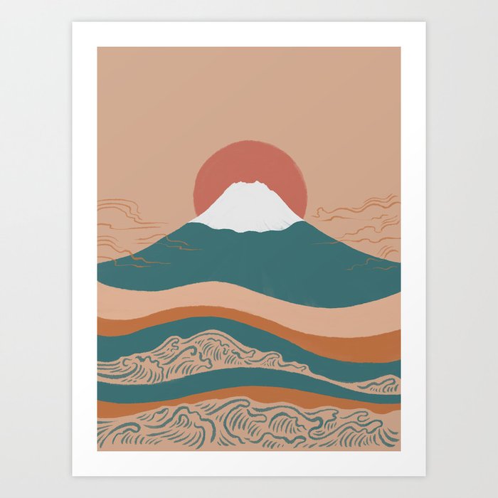 Abstraction landscape minimalist Mount Fuji the great wave ocean vintage version Art Print