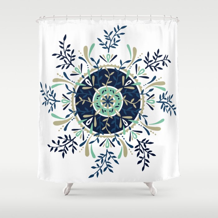 Leaf Mandala – Navy & Mint Palette Shower Curtain