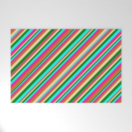 [ Thumbnail: Eye-catching Tan, Green, Cyan, Deep Pink, and Chocolate Colored Pattern of Stripes Welcome Mat ]