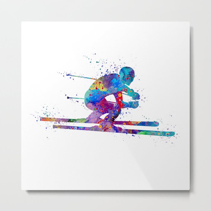 Boy Skiing Winter Sports Colorful Watercolor Art Gift Metal Print