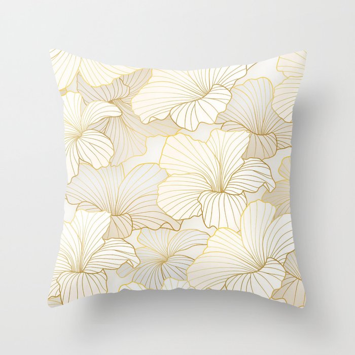 Elegant Modern Golden White Floral Line Collection Throw Pillow