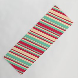 [ Thumbnail: Aquamarine, Crimson, and Beige Colored Striped/Lined Pattern Yoga Mat ]