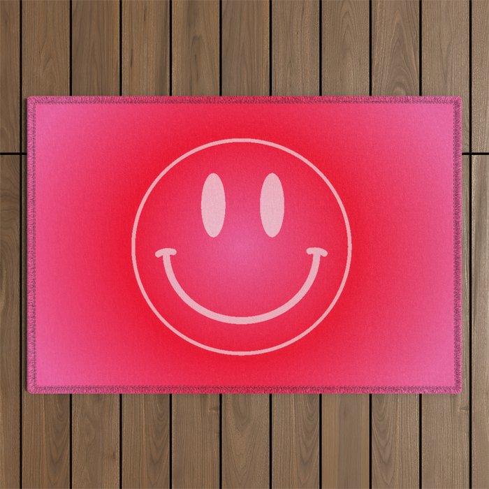 Cute Simple Pink and Red Gradient Background with Smiley Face Outdoor Rug