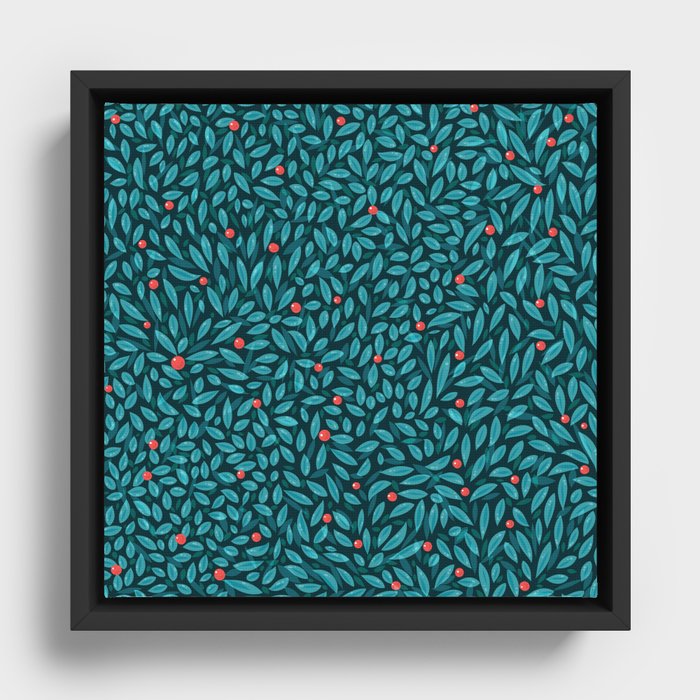 Green Leaves with Cherry Framed Canvas