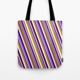 [ Thumbnail: Indigo, Purple, Dark Goldenrod & Light Yellow Colored Lined Pattern Tote Bag ]