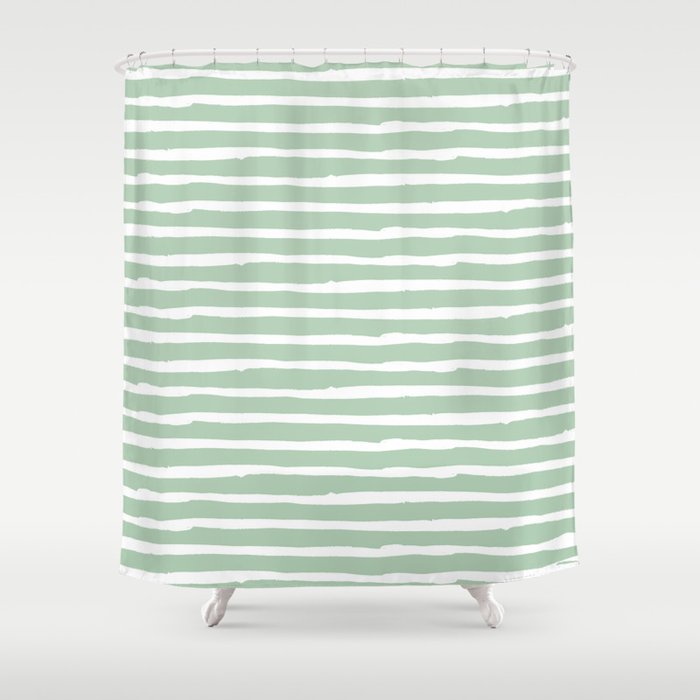 Elegant Stripes Pastel Cactus Green and White Shower Curtain