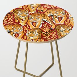 The Hunt - Golden Orange Tigers on Crimson Red Side Table