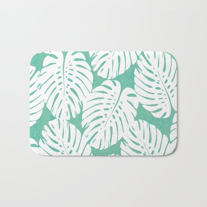 Tropical Monstera Leaf Pattern in turquoise Bath Mat