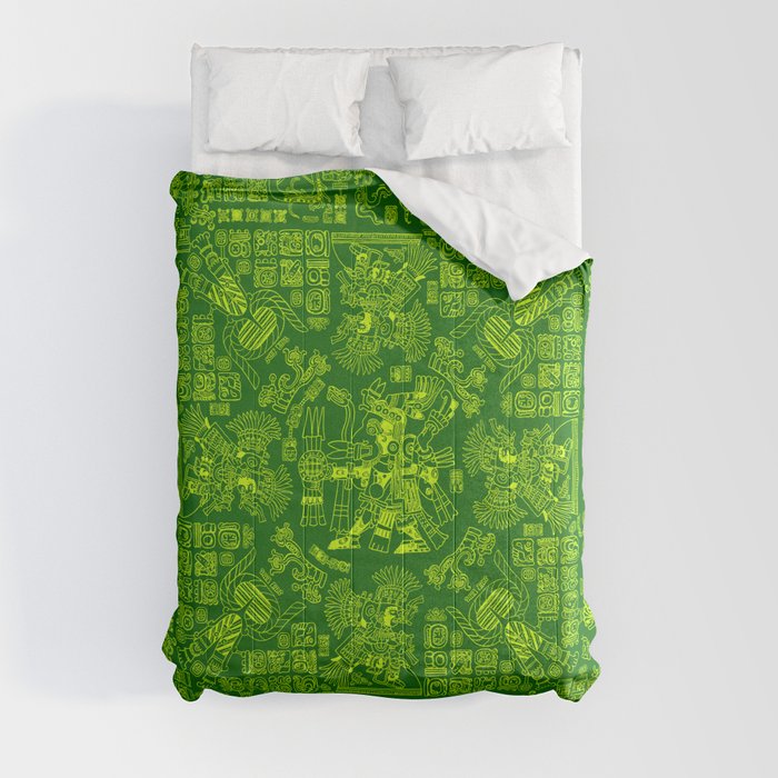 Mayan Spring GREEN / Ancient Mayan hieroglyphics mandala pattern Comforter