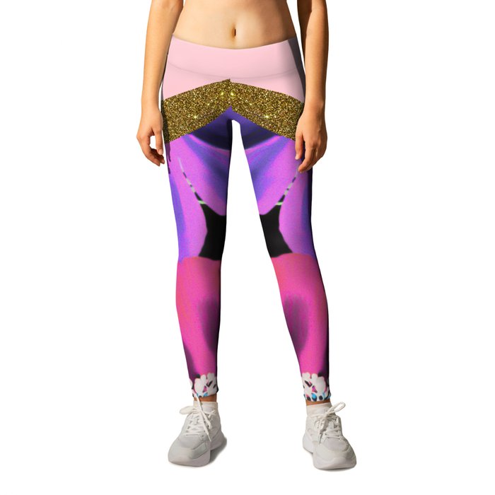 Pretty Girly Pink Gold Glitter and Purple Flowers Leggings