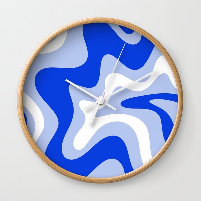 Retro Liquid Swirl Abstract Pattern Square in Royal Blue, Light Blue, and White Wall Clock