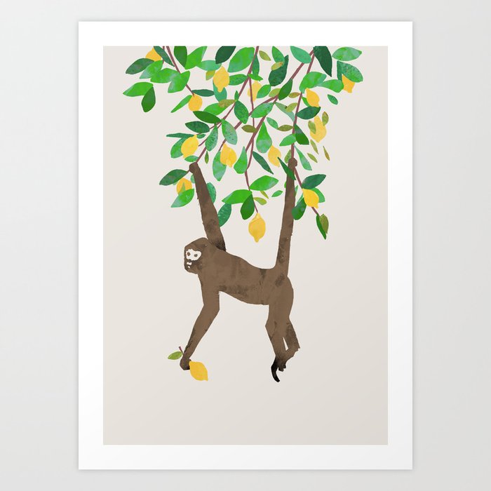 Monkey on lemon tree Art Print
