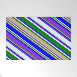 [ Thumbnail: Colorful Green, Tan, Blue, Purple, and Light Cyan Colored Striped/Lined Pattern Welcome Mat ]