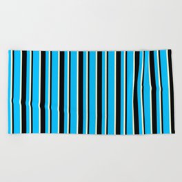 [ Thumbnail: Deep Sky Blue, Black, and Light Yellow Colored Lines Pattern Beach Towel ]