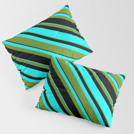 [ Thumbnail: Green, Black, and Aqua Colored Lined Pattern Pillow Sham ]