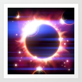 An outer space background with an eclipse, planets and stars.  Art Print