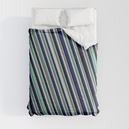 [ Thumbnail: Light Grey, Midnight Blue, Black, Aquamarine & Dim Grey Colored Lined/Striped Pattern Comforter ]