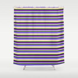 [ Thumbnail: Medium Slate Blue, Tan, Dark Green & Purple Colored Pattern of Stripes Shower Curtain ]