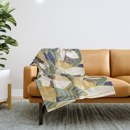Leaf wall // navy blue pine and sage green leaves golden lines Throw Blanket